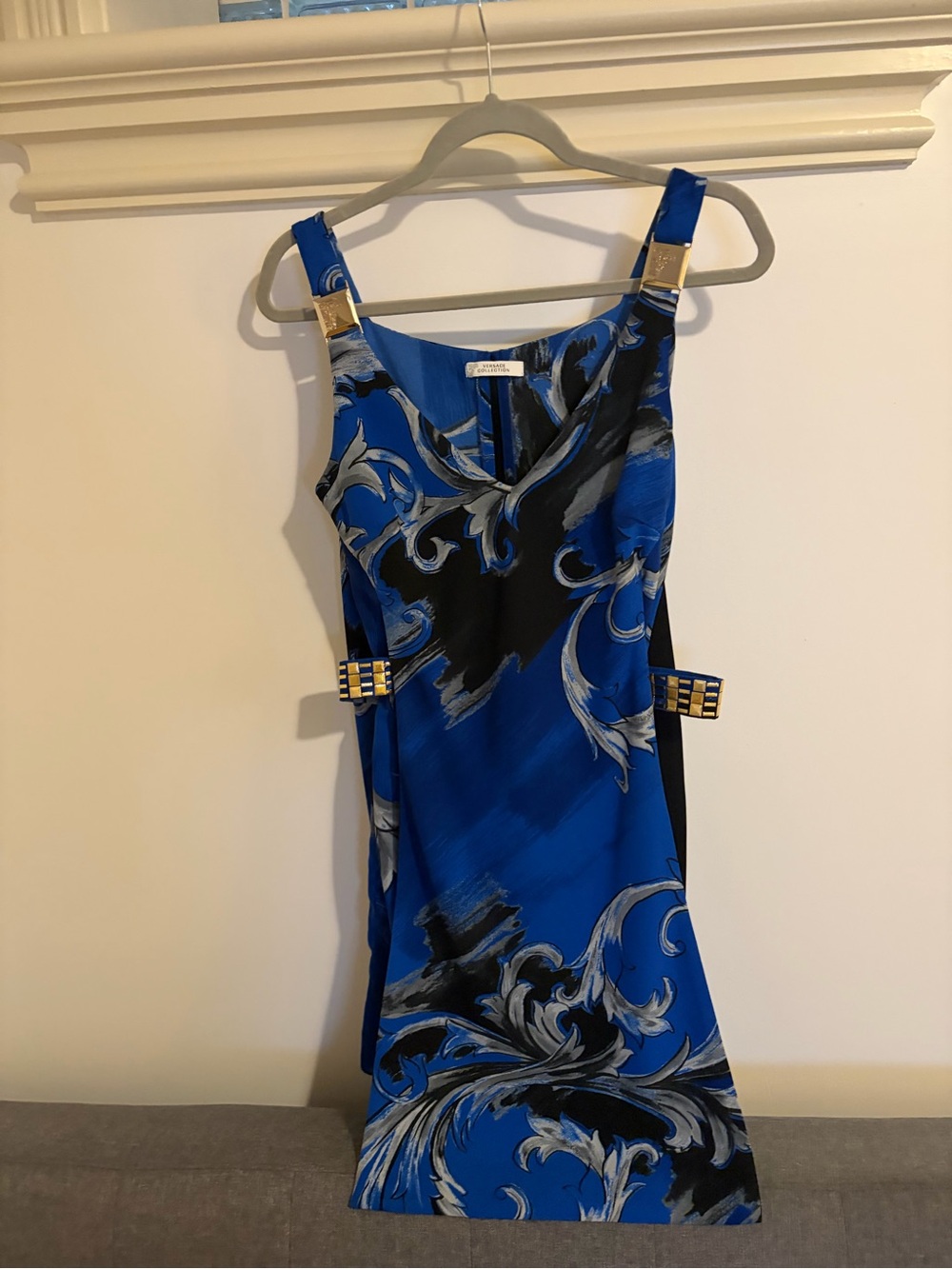 Versace Blue, Black & Gray Baroque-Print Mini Dress with Belt